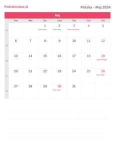 Kalendarz 2024 Maj