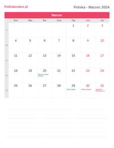 Kalendarz 2024 Marzec