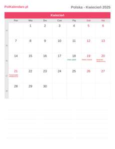 Kalendarz 2025 Kwiecień