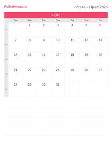 Kalendarz 2025 Lipiec