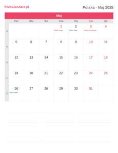 Kalendarz 2025 Maj