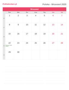 Kalendarz 2025 Wrzesień