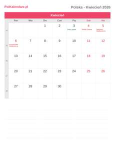 Kalendarz 2026 Kwiecień