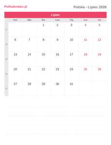 Kalendarz 2026 Lipiec