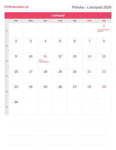 Kalendarz 2026 Listopad