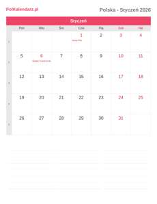 Kalendarz 2026 Styczeń