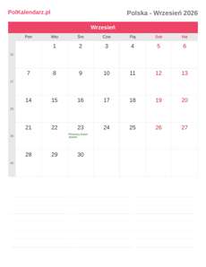 Kalendarz 2026 Wrzesień