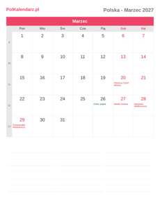 Kalendarz 2027 Marzec