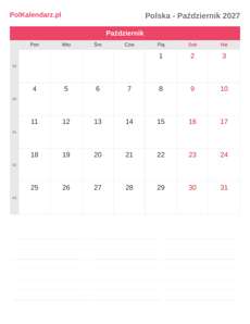 Kalendarz 2027 Październik
