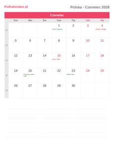 Kalendarz 2028 Czerwiec