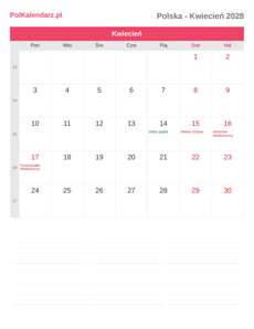 Kalendarz 2028 Kwiecień