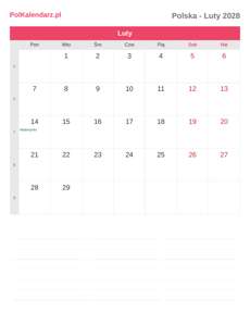 Kalendarz 2028 Luty