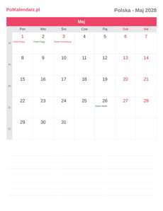 Kalendarz 2028 Maj