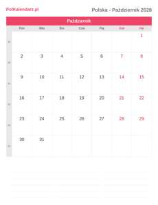 Kalendarz 2028 Październik