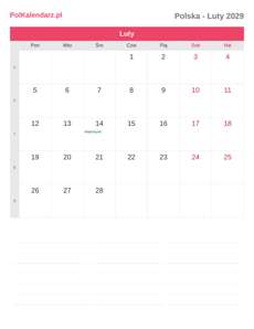 Kalendarz 2029 Luty