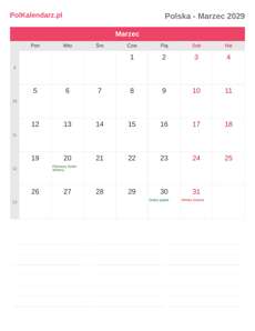 Kalendarz 2029 Marzec