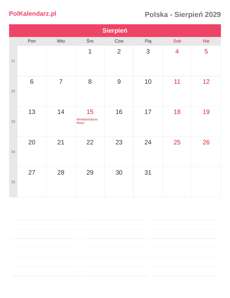 Kalendarz 2029 Sierpień