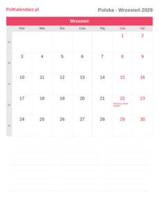 Kalendarz 2029 Wrzesień